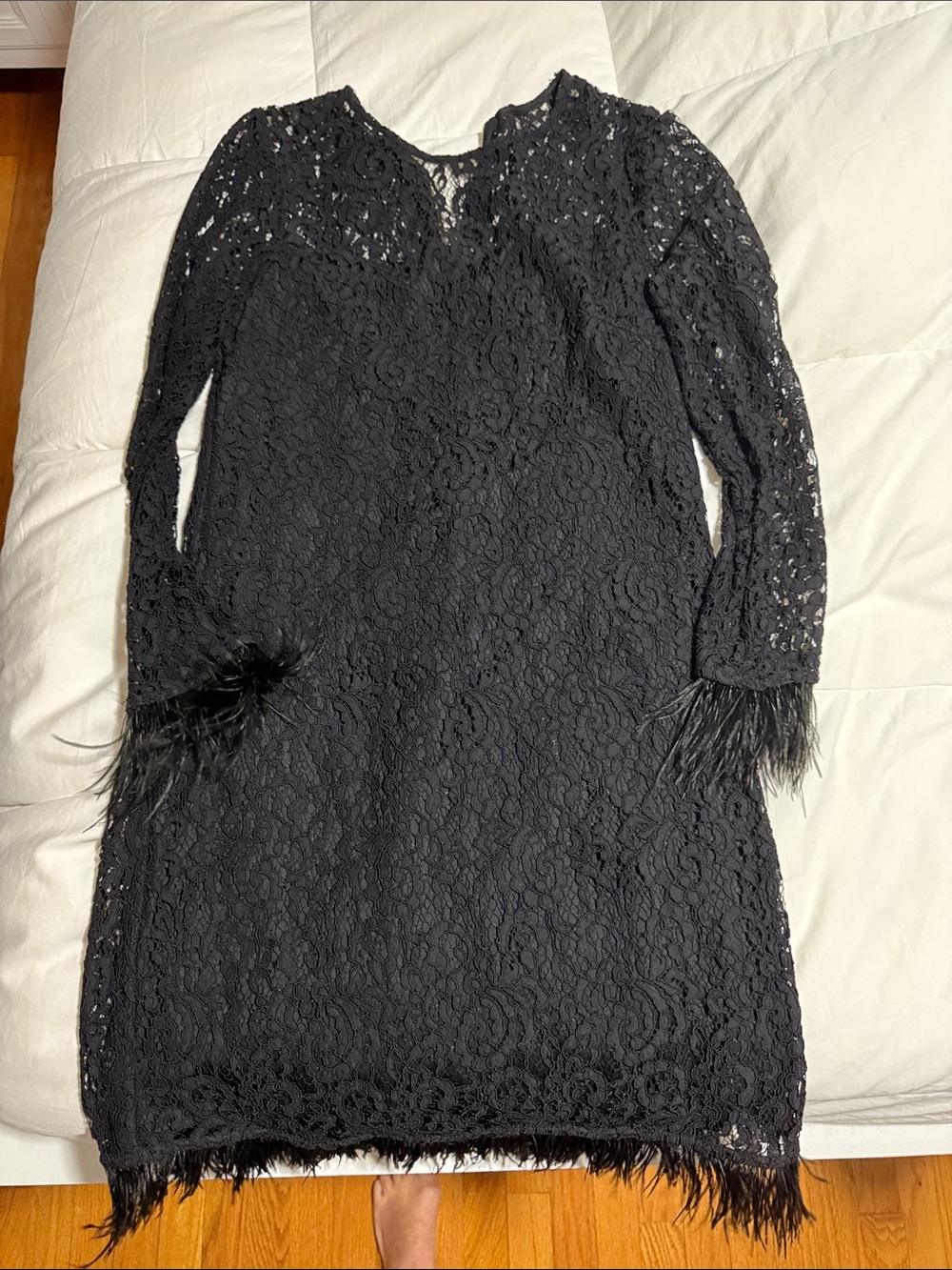 Calvin Klein Black Lace Long-Sleeve Dress with Feather Trim